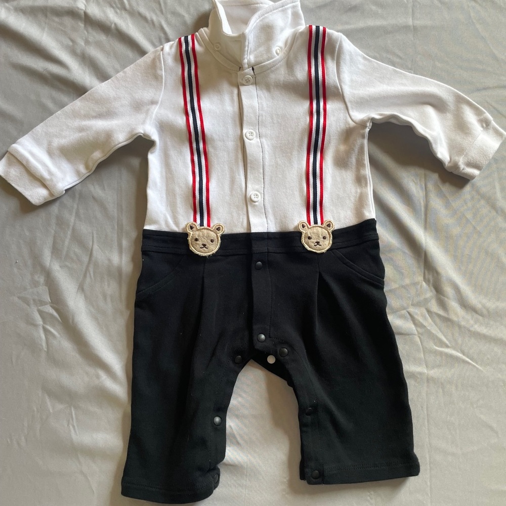 One of a Kind Baby Vintage White and Black Bear Suspender Jumpsuit 3-6 EUC